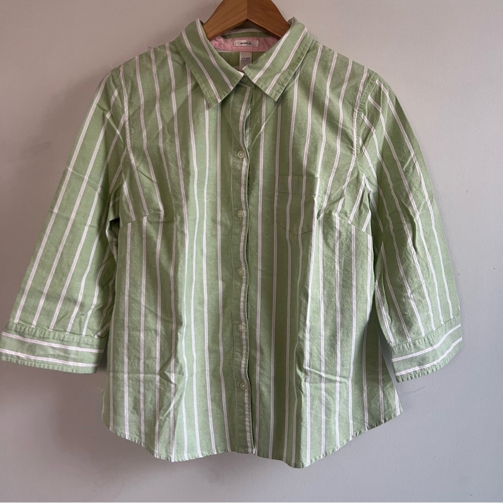 Old Navy Green and White Striped Women's Button Down Shirt